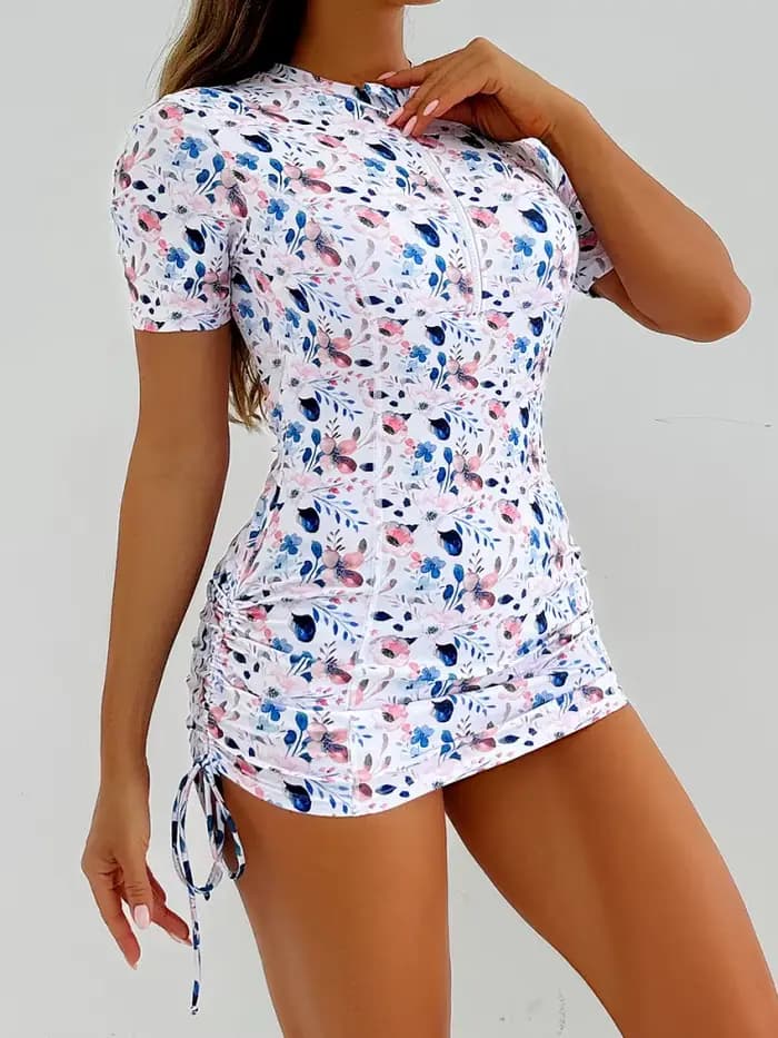 Maillot de bain deux pièces femme 2026 Nouveauté Manches courtes Imprimé Fermeture éclair Fendu Taille haute Tenue de