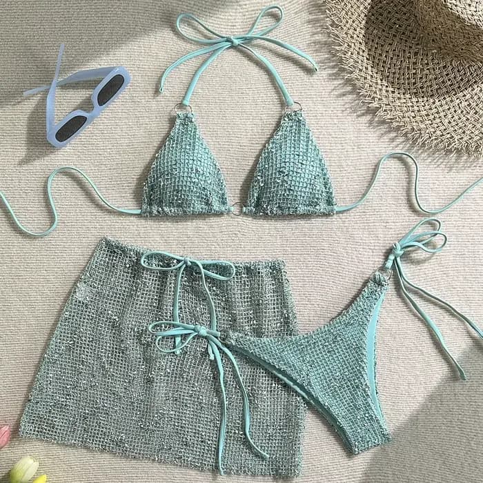 Ensemble de maillot de bain 3 pièces pour femme avec jupe sarong en résille