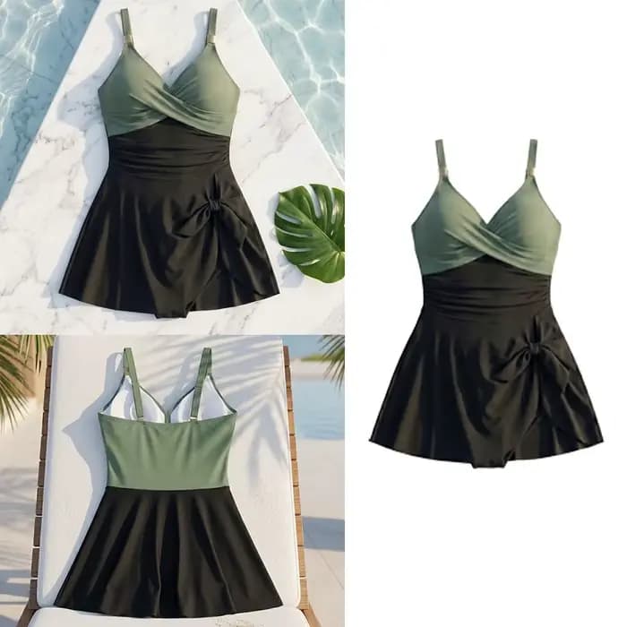 Maillot de bain femme tendance coupe ajustée sans manches col en V avec jupe plissée pour la plage