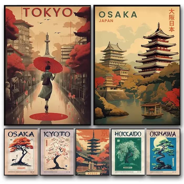 Affiche de voyage japonaise imprimée pour salon, décoration de maison, villes japonaises, monuments de paysage de Tokyo, peinture sur toile, cadeau d'art mural