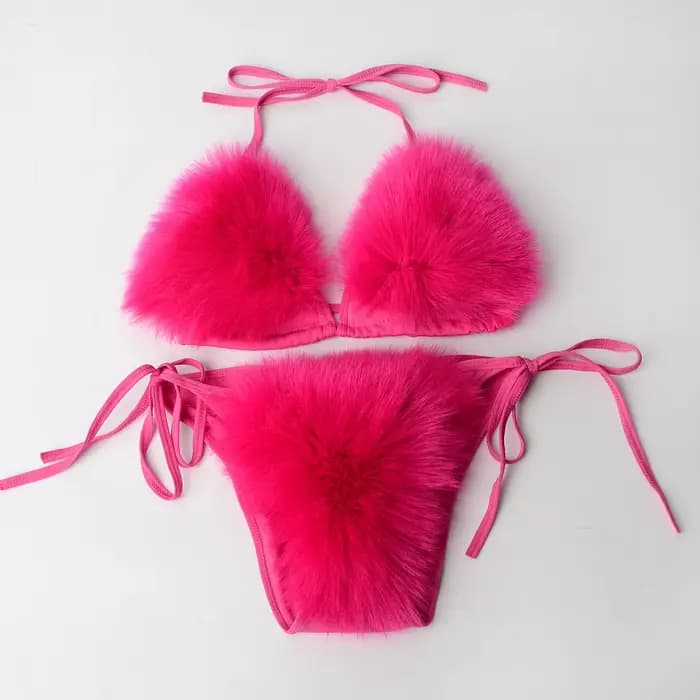 Été femmes fausse fourrure de renard Sexy licou couleur unie Bikini ensemble maillots de bain Triangle