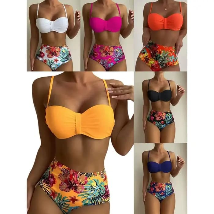 Sexy Bandeau Bikini femmes maillot de bain impression florale taille haute Bikinis ensemble femme été natation maillots de bain brésilien Biquini