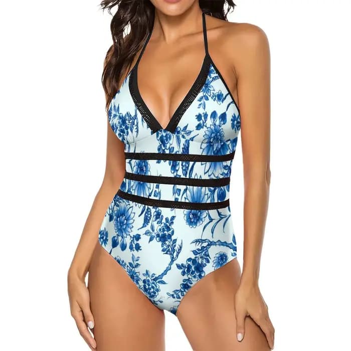 Retro Blue Flower Swimsuit Willow Floral Print Push Up Swimwear One Piece High Cut Bathing Suits Sexy Stylish Swimsuits Big Size