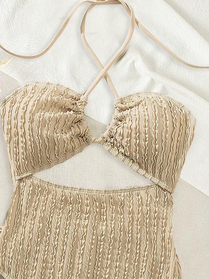 Vintage kaki une pièce maillot de bain maille jupe ensemble femmes licou croix évider mince maillots