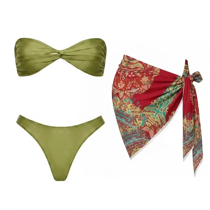 Ensemble bikini 3 pièces bandeau 2026 – Nouveau maillot de bain sexy pour femme avec paréo imprimé – Tenue de plage féminine