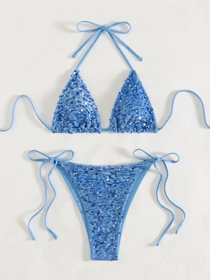 Maillot de bain sexy pour femme, ensemble bikini scintillant, maillot de bain féminin uni, tenue de plage, maillot de bain dos nu, trikini, dropshipping