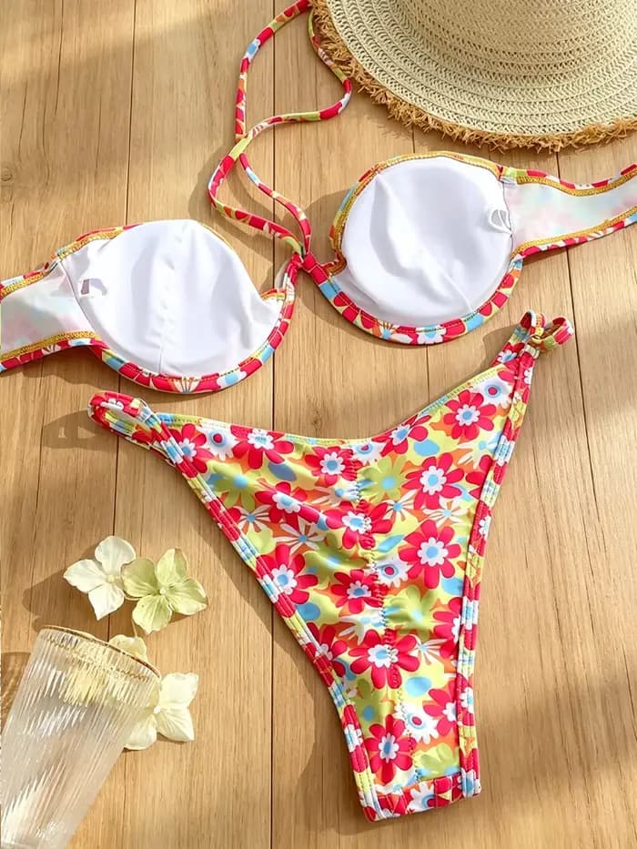 Rinabe Maillot de bain bikini à imprimé floral, dos nu, coupe haute, deux pièces, tenue de plage