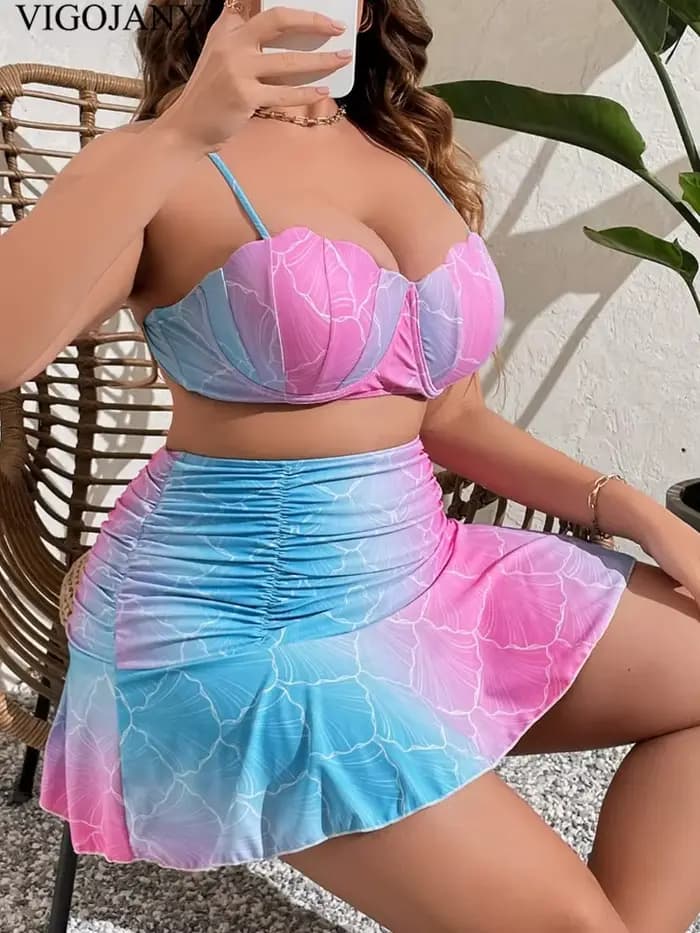Ensemble bikini 3 pièces imprimé taille haute pour femme