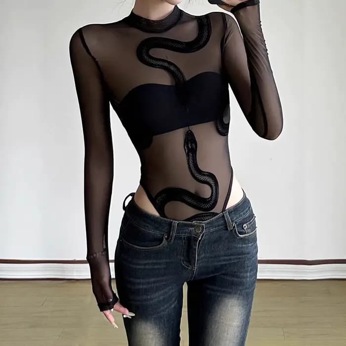 Combinaison une pièce sexy à imprimé serpent, manches longues, col rond, coupe basique, en tissu métallique fin, Été 2025, Small
