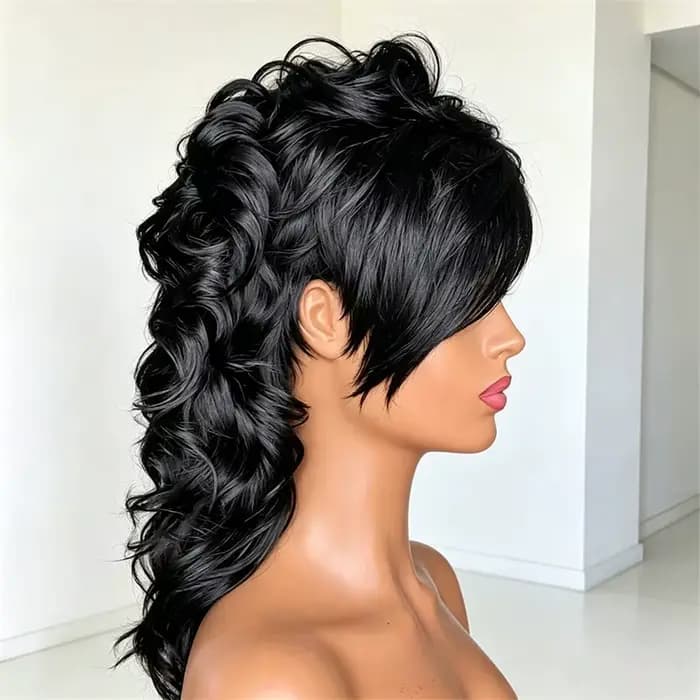 Perruque courte style mulet pixie, noir naturel, entièrement fabriquée à la machine, avec frange, douce et lisse, pour femmes, festivals, fêtes, usage quotidien