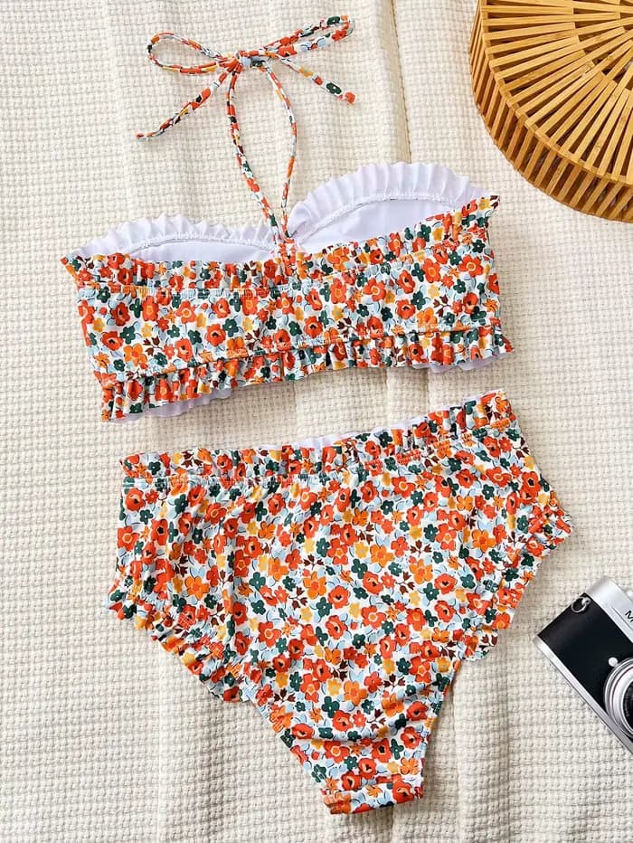 Imprimé fleuri Bandeau deux pièces Bikini ensemble épaules nues femme maillot de bain taille haute plissé pansement femmes maillots de bain maillot de bain
