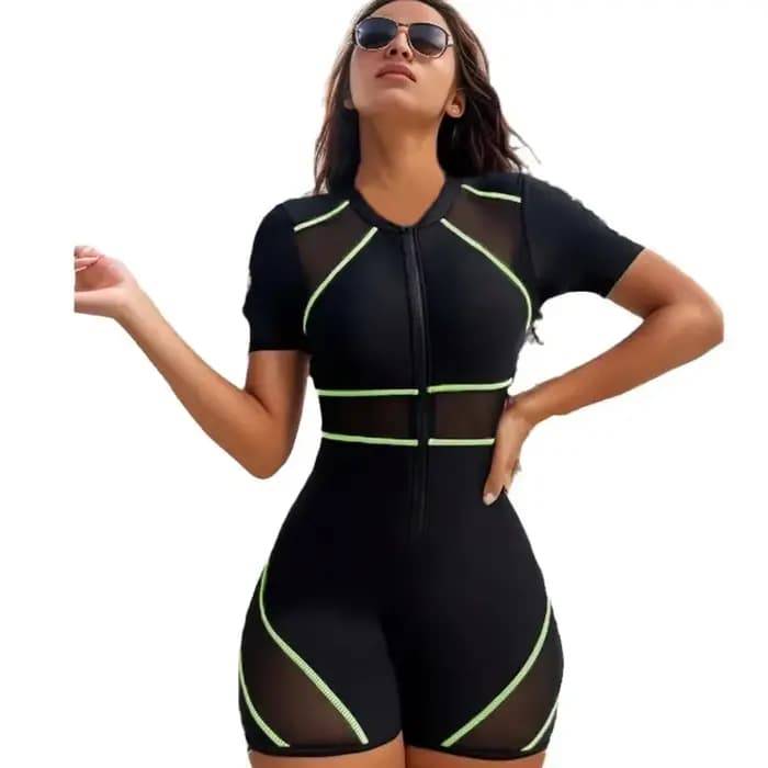 Manches courtes surf costume noir une pièce maillot de bain femmes 2023 nouveau maillots de bain mosaïque sport maillots de bain Zippy maillot de bain