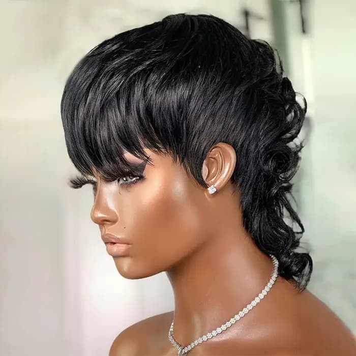 Perruque de cheveux humains 1B, cheveux courts bouclés, coupe Pixie, avec frange, Style mulet superposé, conception sans colle pour femmes, entièrement faite à la Machine