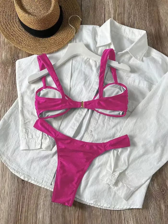 Ensemble de bikini sexy orné de coquillages métalliques 2026 pour femme, rose vif, avec soutien-gorge push-up plissé et string, maillot de bain d'été, micro-maillot de bain