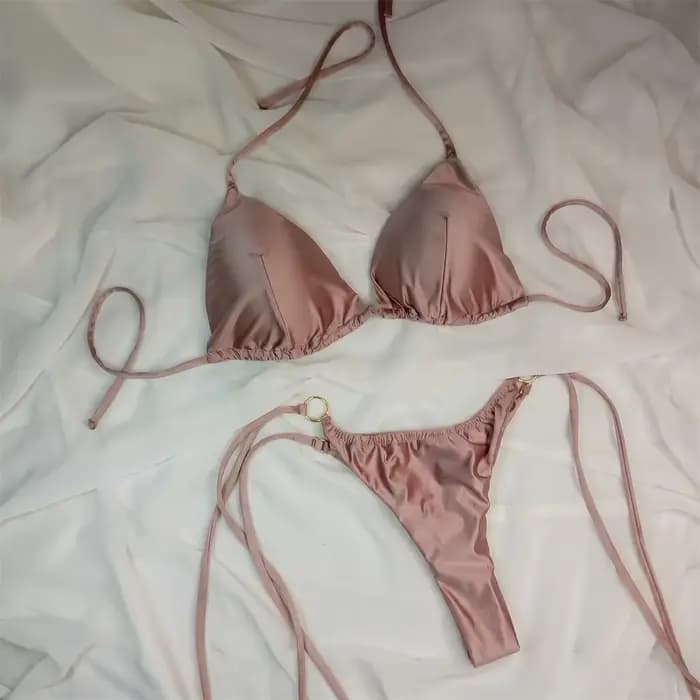 Bikini brillant pour femme, ensemble de maillot de bain à coupe haute, tenue de plage et de villégiature, style halter, micro-paillettes, pour l'été