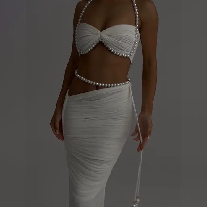 Perle 3 pièces Bikini ensemble 2025 Bandeau Biquini femmes Sexy maillot de bain Push Up maillots de bain femme maille jupe blanc maillot de bain maillots de bain