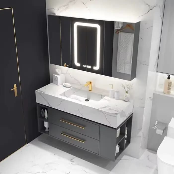 Meuble-lavabo de salle de bain de style européen haut de gamme, armoire noire et blanche de 36 pouces avec lavabo suspendu