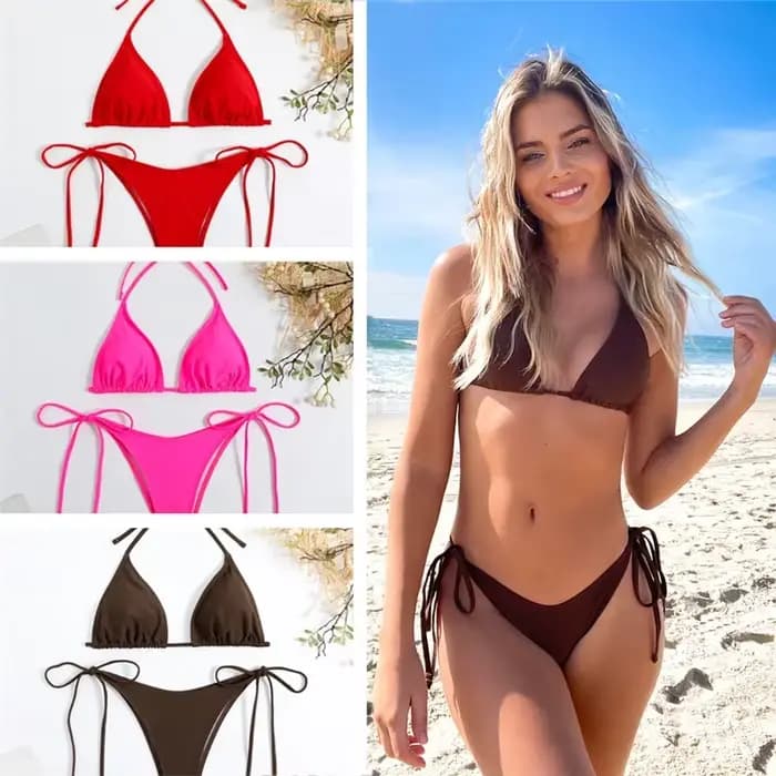 Sexy femmes string couleur unie Bikini ensemble femmes côté licou cravate maillot de bain sangle fendue réglable maillot de bain brésilien maillots de bain