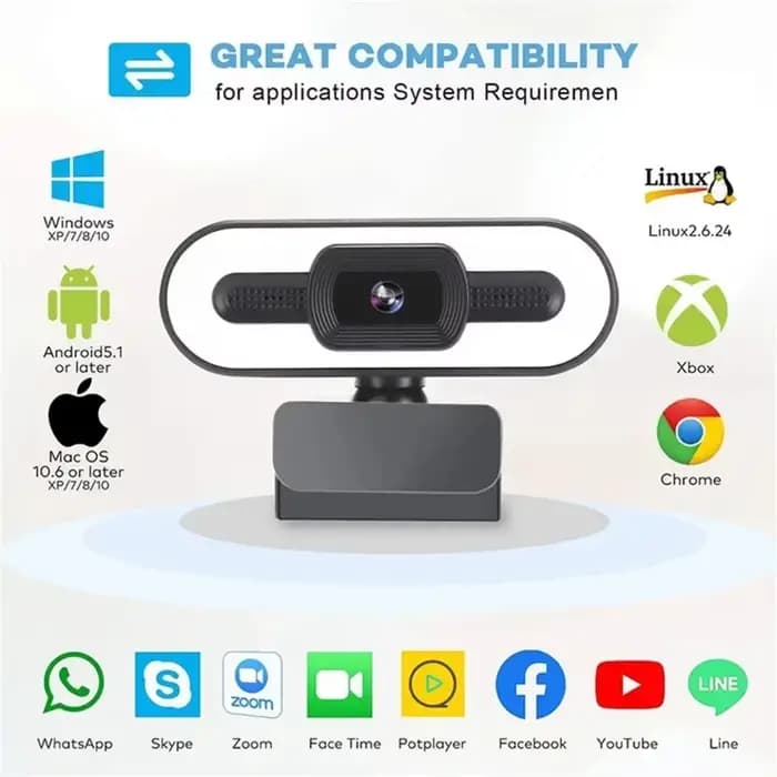 Webcam Portable Full HD 1080P 2K 4K, PC Portable, mise au point automatique, Streaming en direct, Flexible avec Microphone, diffusion en direct avec lumière