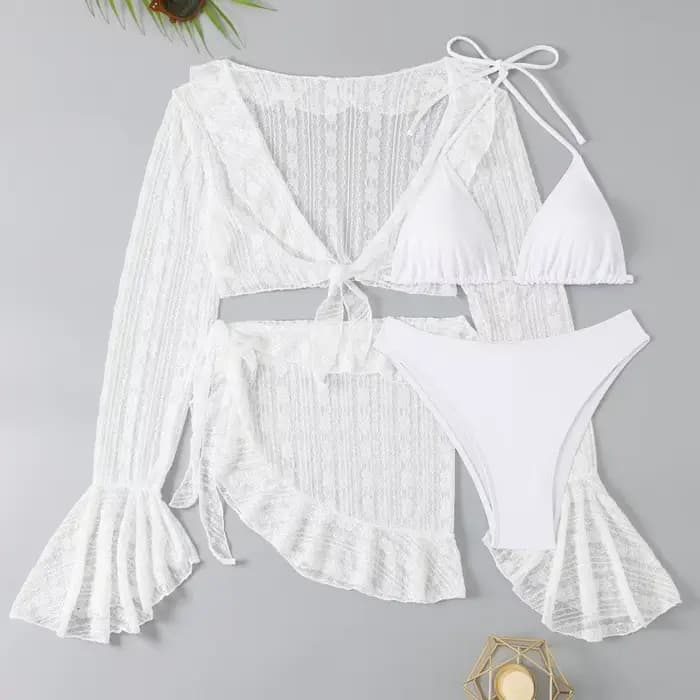 Nouveau Femmes 4 pièces dentelle Bikini ensemble à manches longues couvrir taille haute bas maillot de bain maillots