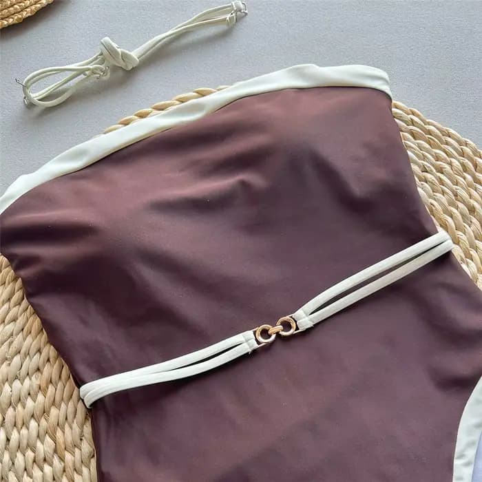 Maillot de bain sexy sans bretelles marron pour femmes, maillot de bain une pièce 2026, bord blanc, anneau métallique, ceinture, coupe haute, maillot de bain, monokini