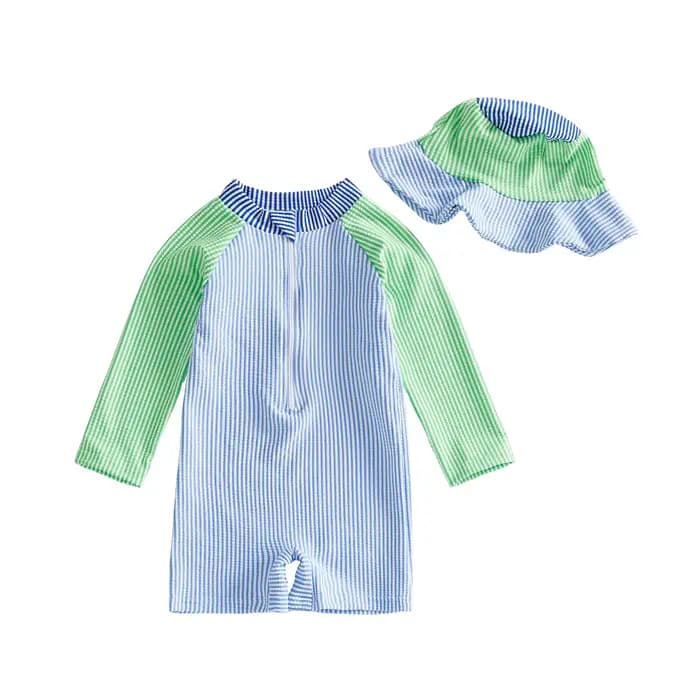 Maillot de bain pour bébé garçon, protection contre les éruptions cutanées, rayures de couleur contrastée, imprimé, manches longues, fermeture éclair, avec bonnet de soleil