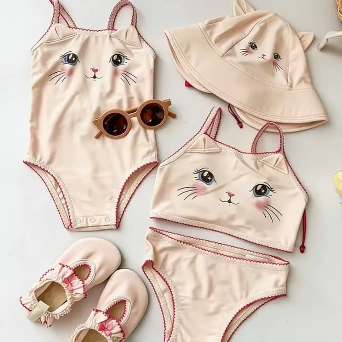 Nouvel ensemble de maillots de bain une pièce et deux pièces pour filles, motif chat mignon, imperméable, collection été 2026