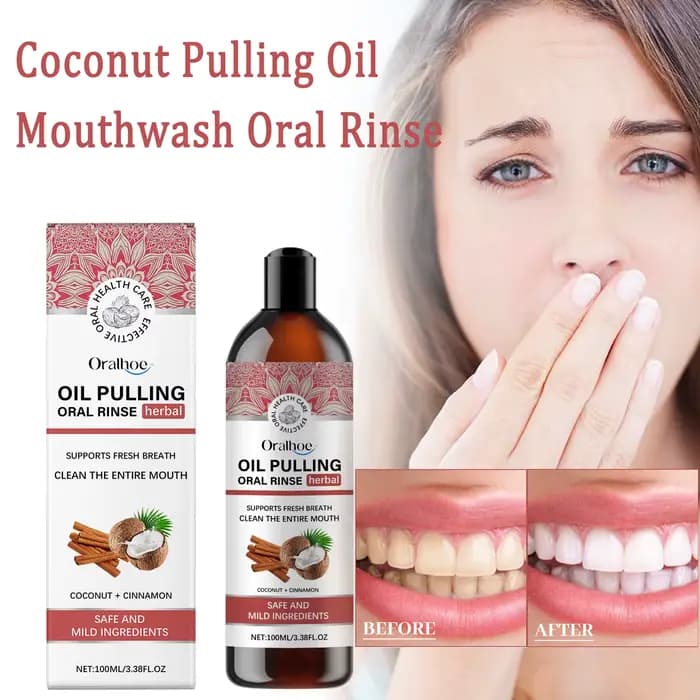 Huile de traction de noix de coco, rinçage buccal, sans alcool, à base de plantes, blanchiment des dents, frais, élimine les taches jaunes, odeur, soins buccaux