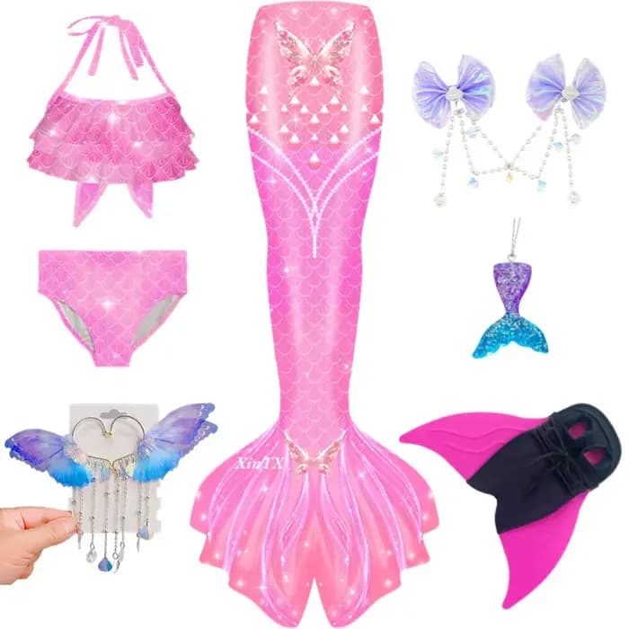 Maillot de bain queue de sirène pour enfants, cosplay monopalme pour enfants, bikini avec oreilles de beauté, palmes d'Halloween, peut nager