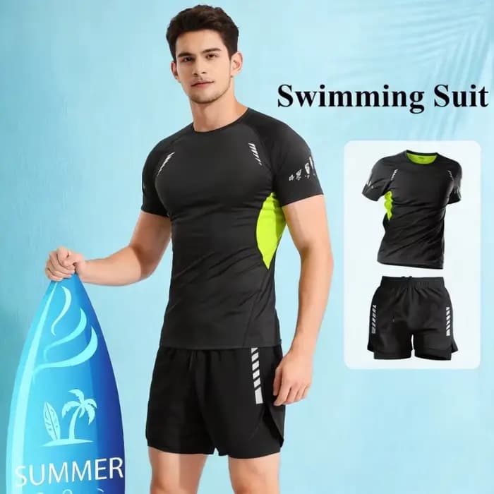 Maillot de bain homme 2026 col rond manches courtes taille mi-haute imprimé coupe ajustée t-shirt deux pièces séparées