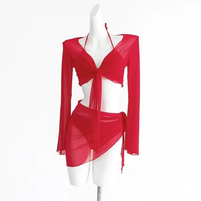 Ensemble bikini quatre pièces rouge pur avec lacets