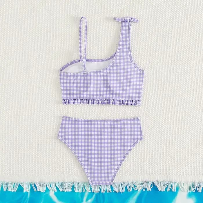 Nouveau été enfants maillot de bain fendu pour filles Bikini ensembles 5-14 ans taille haute violet Plaid fille maillots de bain maillot de bain
