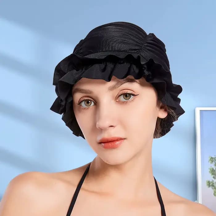 Bonnet de bain plissé pour femmes, bonnet de bain en nylon, bonnet de douche confortable, protection des oreilles, maintien de la coiffure pour cheveux longs ou courts
