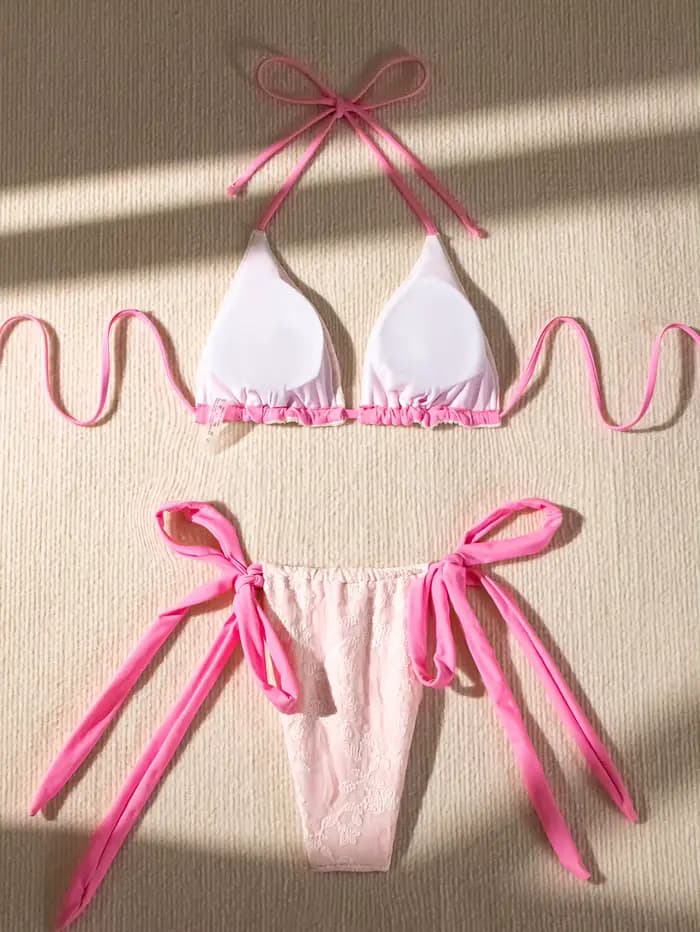 Maillot de bain deux pièces en dentelle pour femmes, rose, chic, micro, bikini, ensemble brésilien, baigneur, 2024