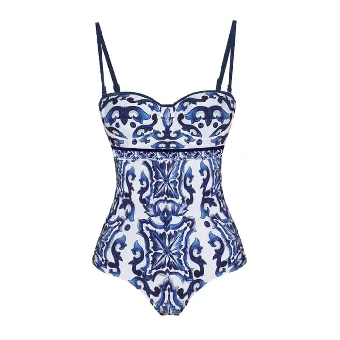 Maillot de bain une pièce imprimé porcelaine bleue et blanche