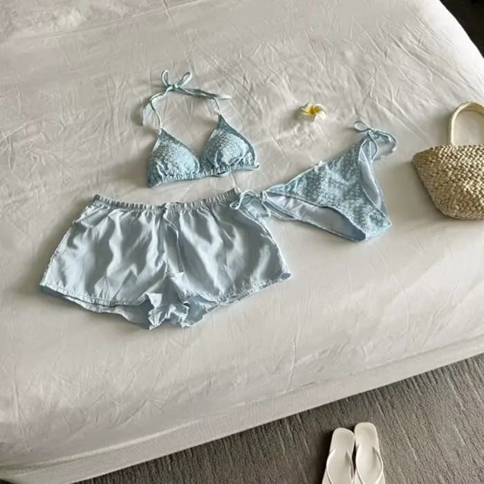 Ensemble de maillots de bain pour femmes à lacets, maillot de bain en maille transparente, 4 pièces, bikini, protection solaire, maillot de bain ample à manches longues