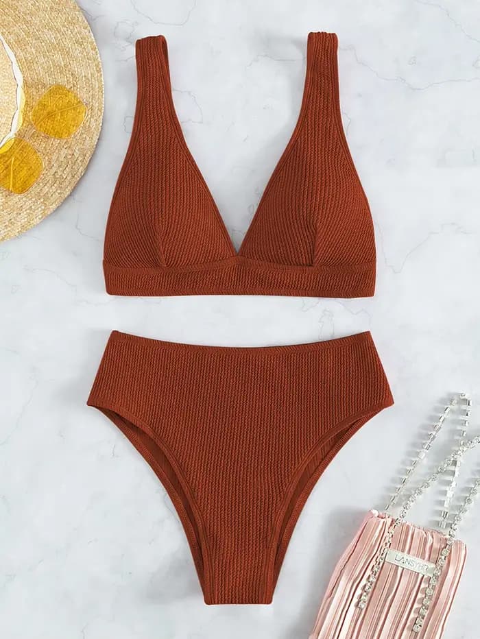 Ensemble bikini texturé pour femme - Maillot de bain string taille haute