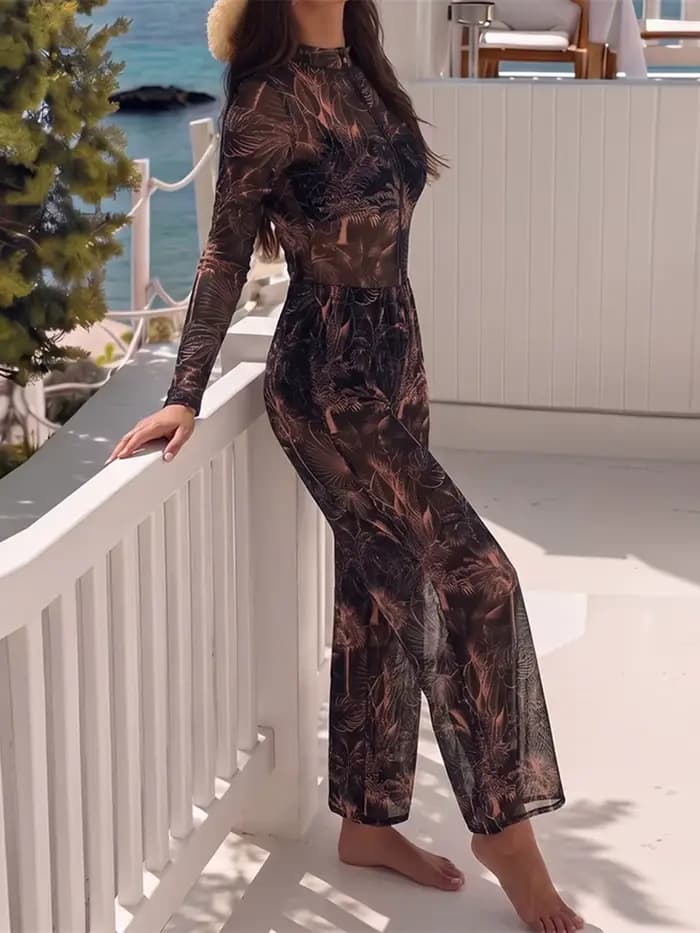 Maillot de bain une pièce pour femmes, maillot de bain imprimé feuilles, manches longues avec fermeture éclair, pantalon, nouvelle collection, S - XXL, K8355