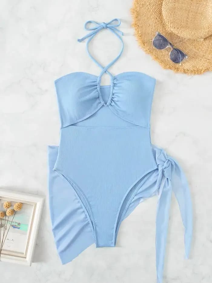 Cikini-Maillot de bain licou découpé pour femme avec jupe de plage