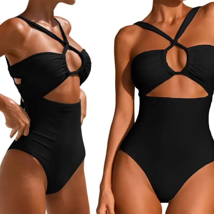 Maillot de bain une pièce noir, taille haute, dos nu, col frontal, pour femmes