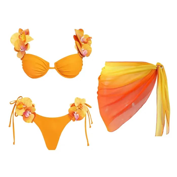 Ensemble bikini fleuri avec jupe, maillot de bain sexy 3 pièces pour femme, maillot de bain push-up, bandeau, biquini, combinaison de bain, vêtements de plage