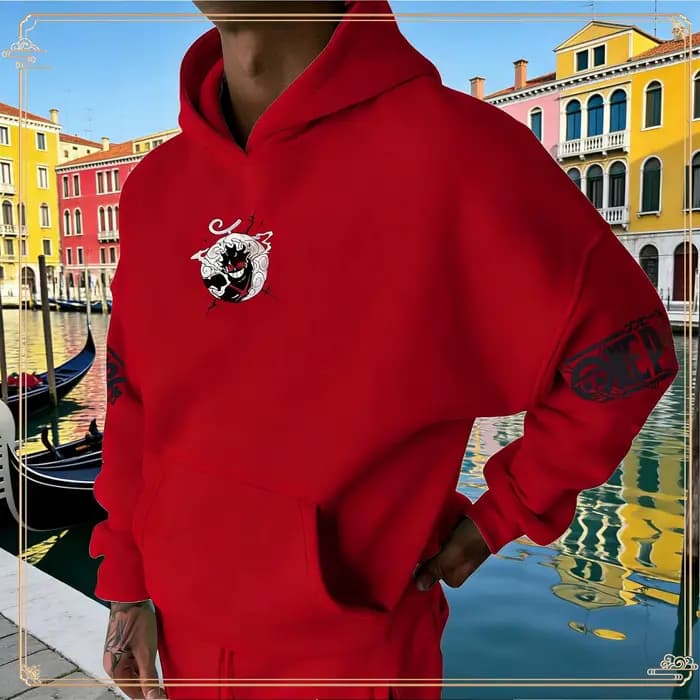 One Piece Luffy Gear 5 Ensemble pantalon à capuche Survêtement en coton rouge avec imprimé de personnages sur sweat à capuche Pantalon avant Côté Coupe ample Deux pièces