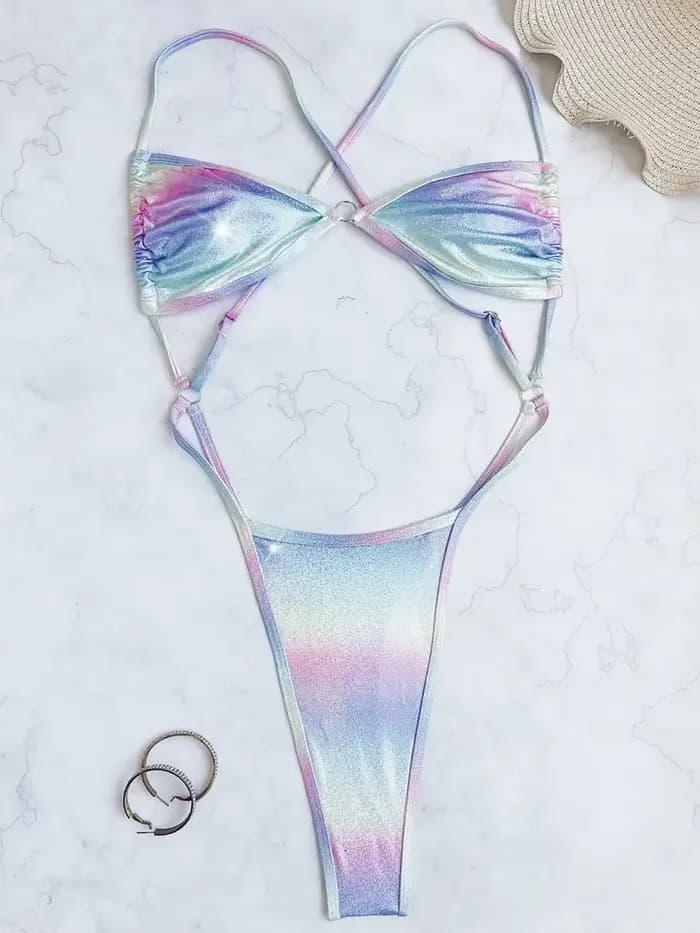 Maillot de bain une pièce, nickel é brillant, coupe haute, mini, micro string, monokini, dos nu, pour femmes