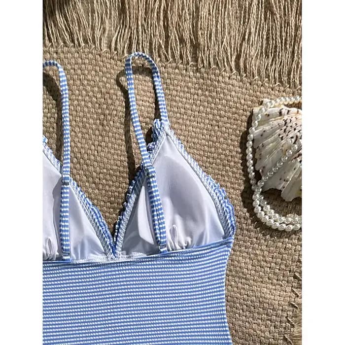 Vintage bleu ciel rayé une pièce maillot de bain 2026 femmes licou col en V mince ventre contrôle maillots