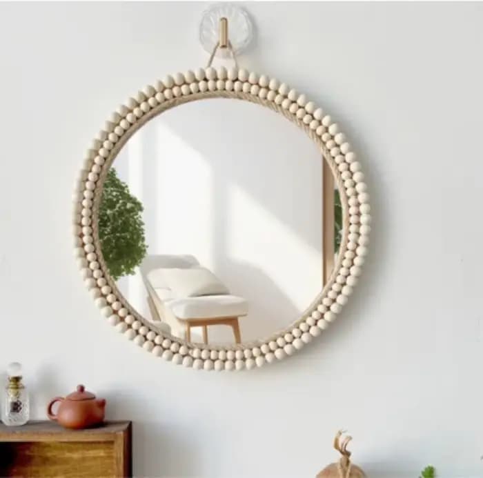 Miroir cosmétique artisanal nordique décoré de perles en bois, forme de pétale, pour commode, salon, porche, salle de bain