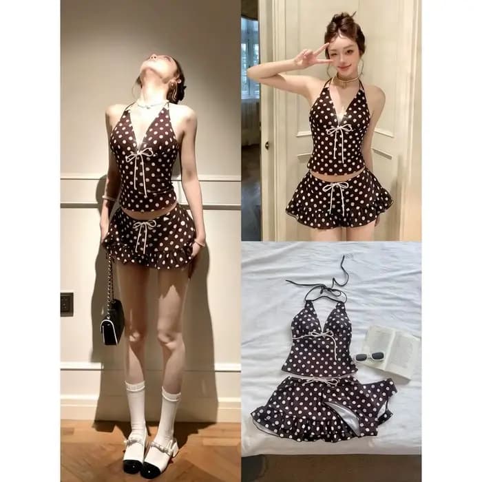 Maillot de bain deux pièces jupe pour femme 2026 - Bikini sexy haut de gamme à pois français style vacances doux Tankini