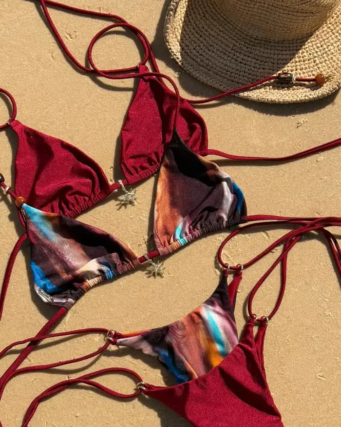 Maillot de bain bikini sexy pour femme, orné de perles, à lacets, taille basse, tendance, vêtements de plage