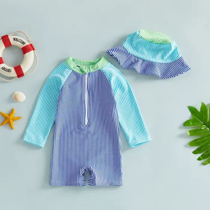 Maillot de bain pour bébé garçon, protection contre les éruptions cutanées, rayures de couleur contrastée, imprimé, manches longues, fermeture éclair, avec bonnet de soleil