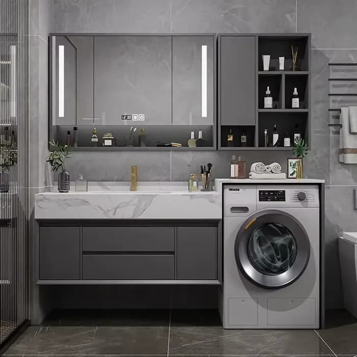 Meuble de salle de bain avec miroir lumineux, étagère murale de style nordique européen, meuble-lavabo avec tiroirs, meuble de toilette de luxe