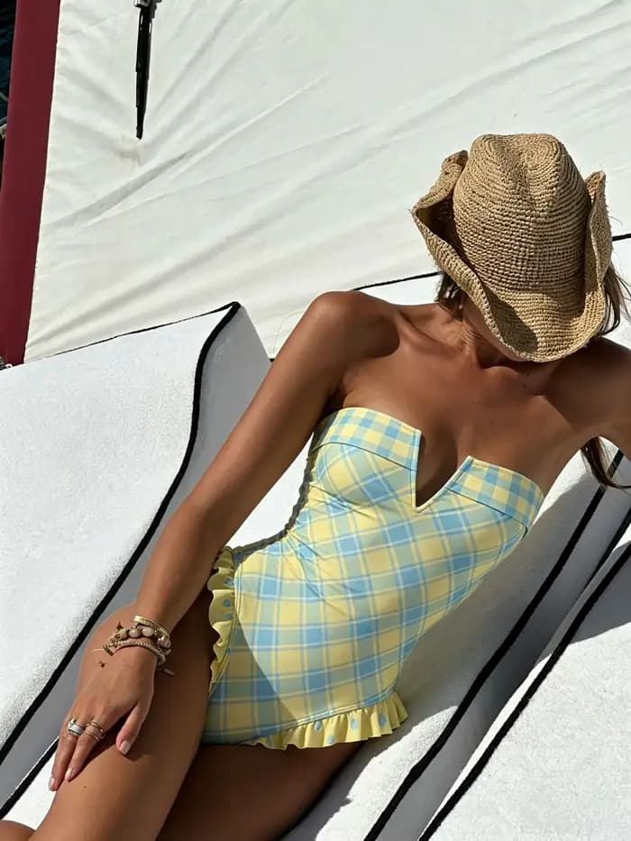 Maillot de bain une pièce femme à volants, col en V, coupe haute, monokini, maillot de bain découpé, tenue de plage